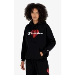 Champion Kapuzenpullover (Hoodie Gefüttert) Logo Mit Basketballherz-Print Schwarz Damen